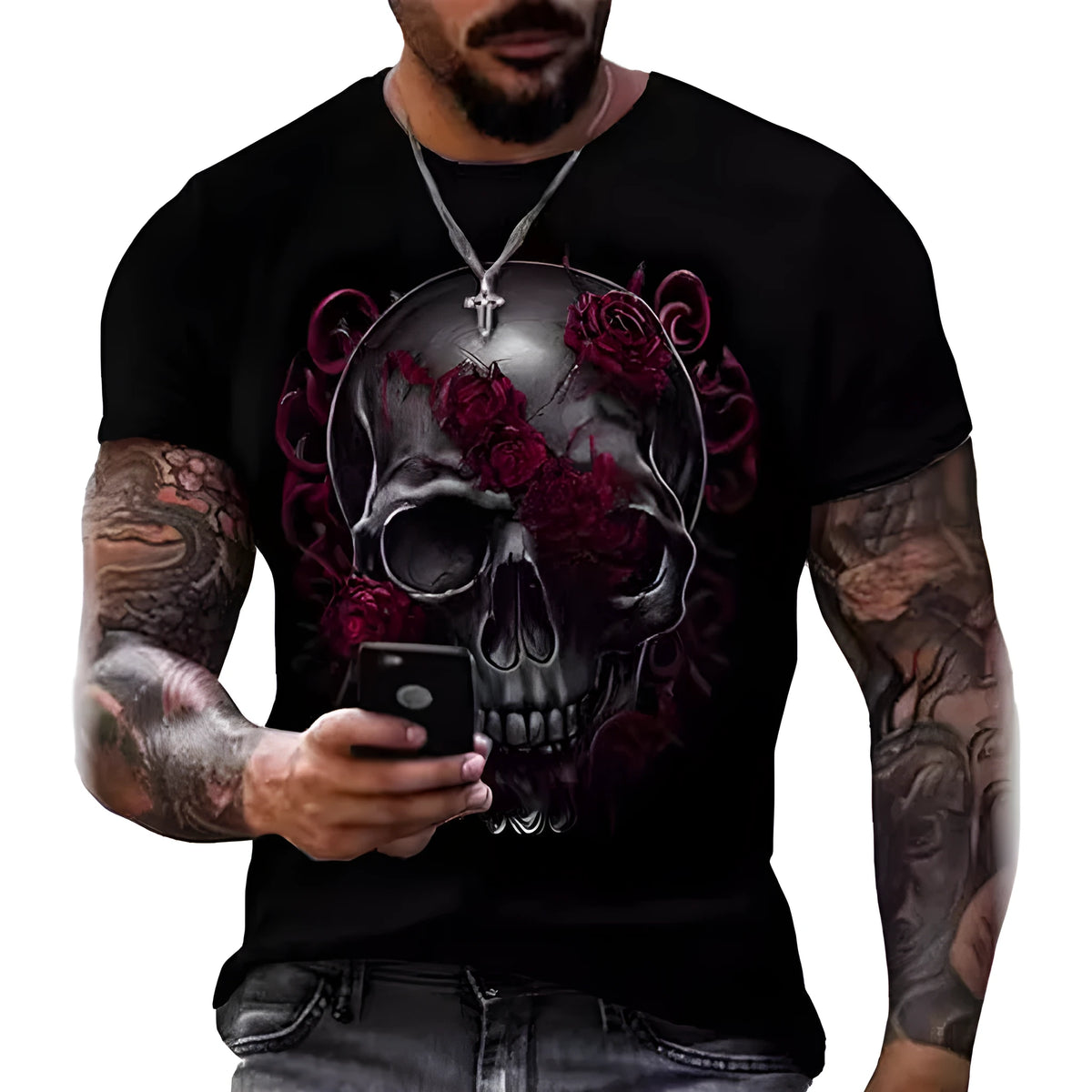 Printed men's skull head round neck T-shirt loose fit short sleeve summer top