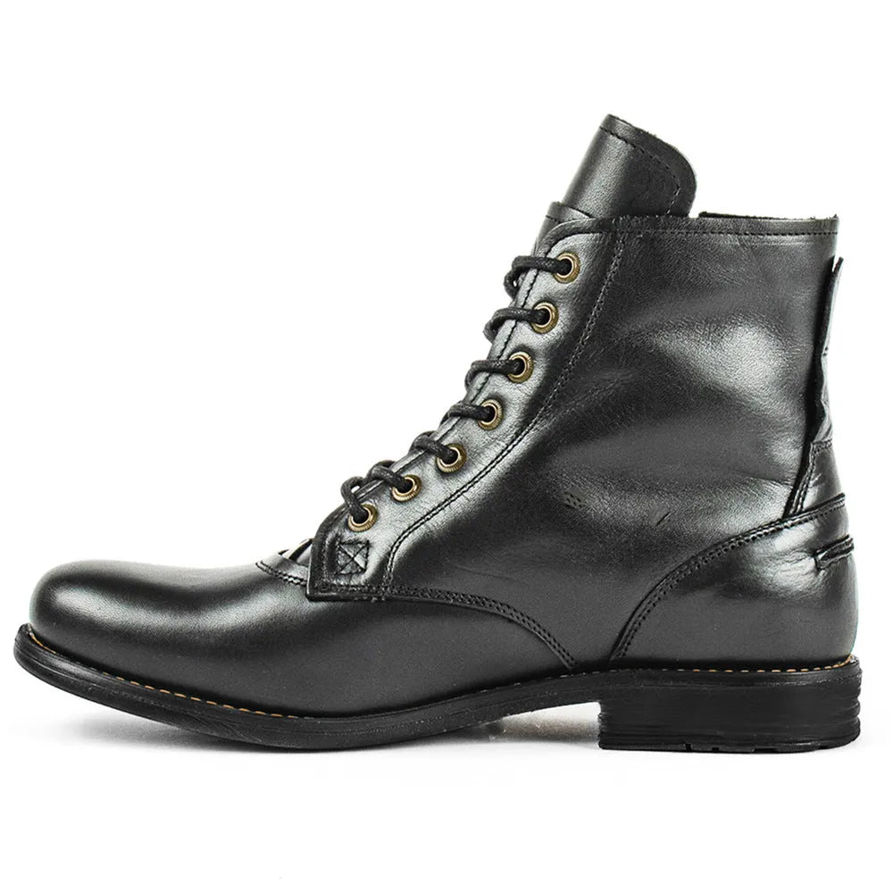 Knight Series two-tone leather boots with side zipper in black, showing low heel and beef tendon construction.