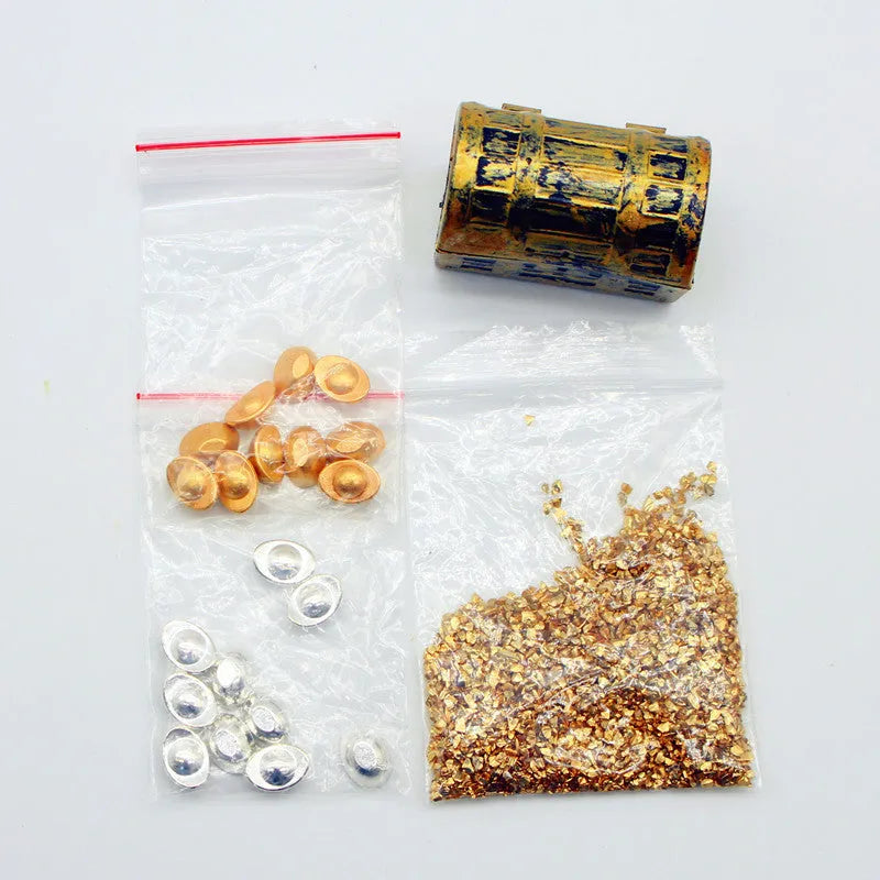 Set of metal alloy gold coin and gold bar miniature ornaments for dollhouse accessories.