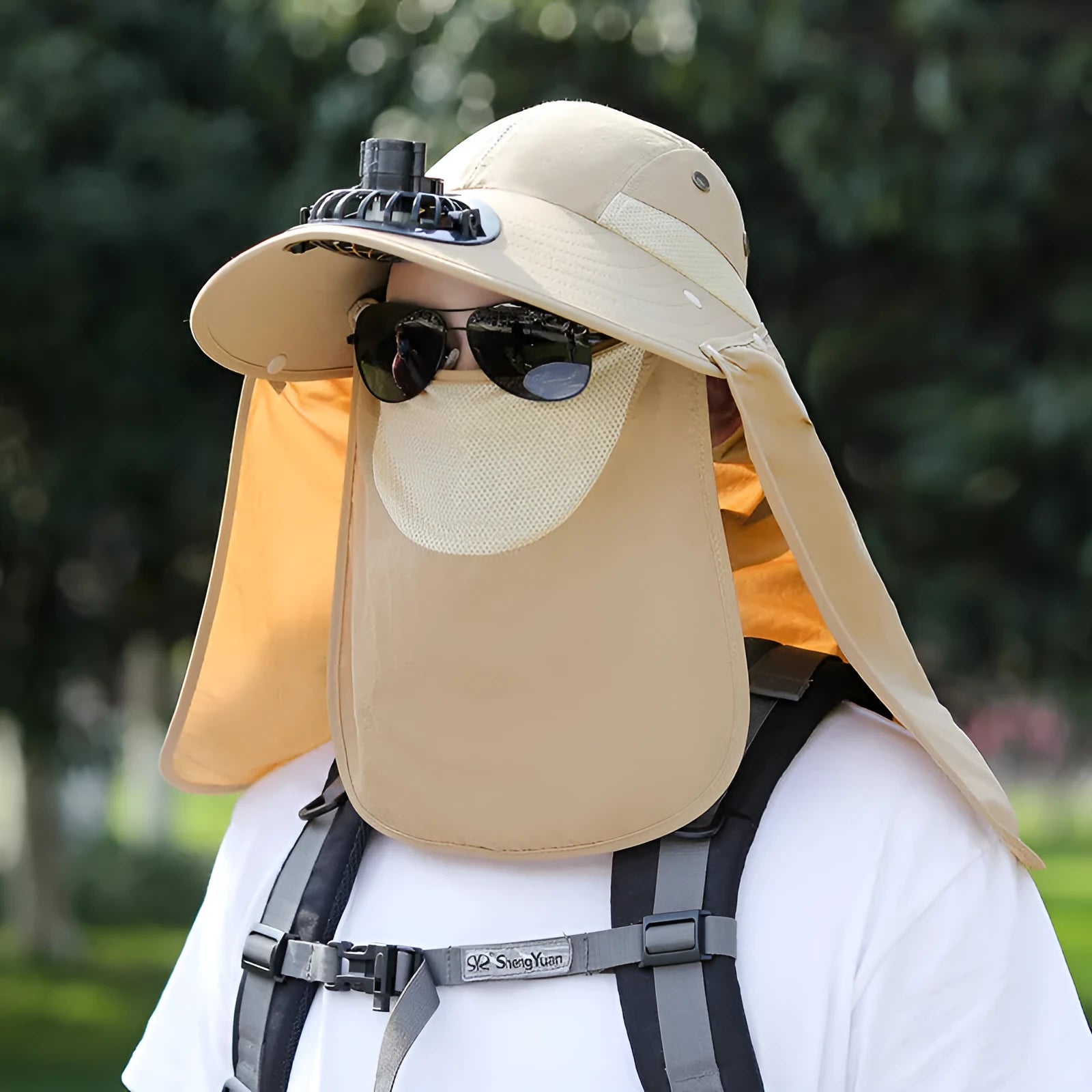 Men's khaki sun hat with built-in USB fan and fabric covering for neck and face.