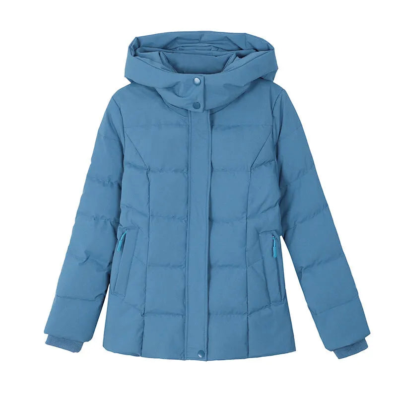 Women's short thick down jacket in black, slim fit with long sleeves and pocket detail
