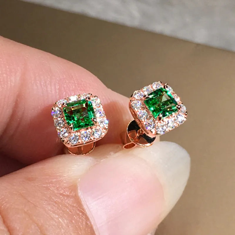 Square zircon earrings with bright grandmother green colour and electroplated copper construction