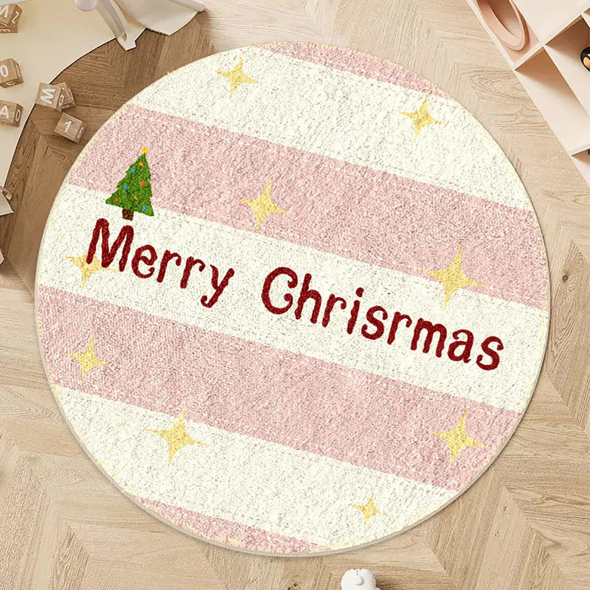 Round Christmas carpet with alien shape design in imitation cashmere fabric featuring festive patterns