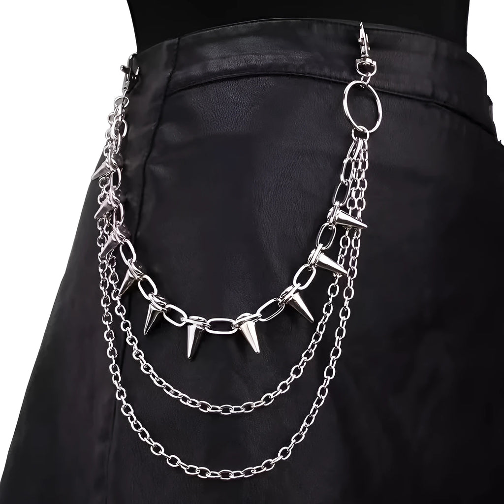 Silver punk metal chain pants decoration with rivets and zipper detailing, 115cm length