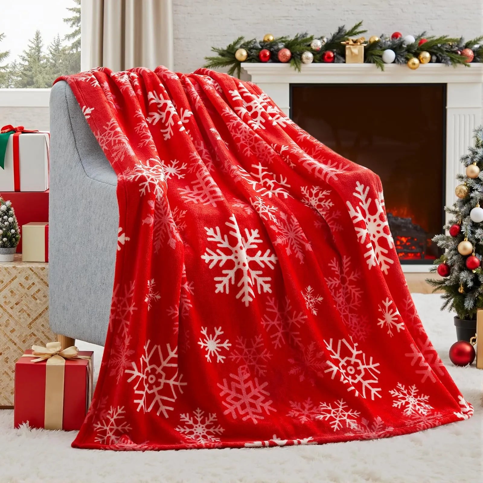 Soft flannel Christmas blanket in a plush polyester fabric, shown in one of five available colours.