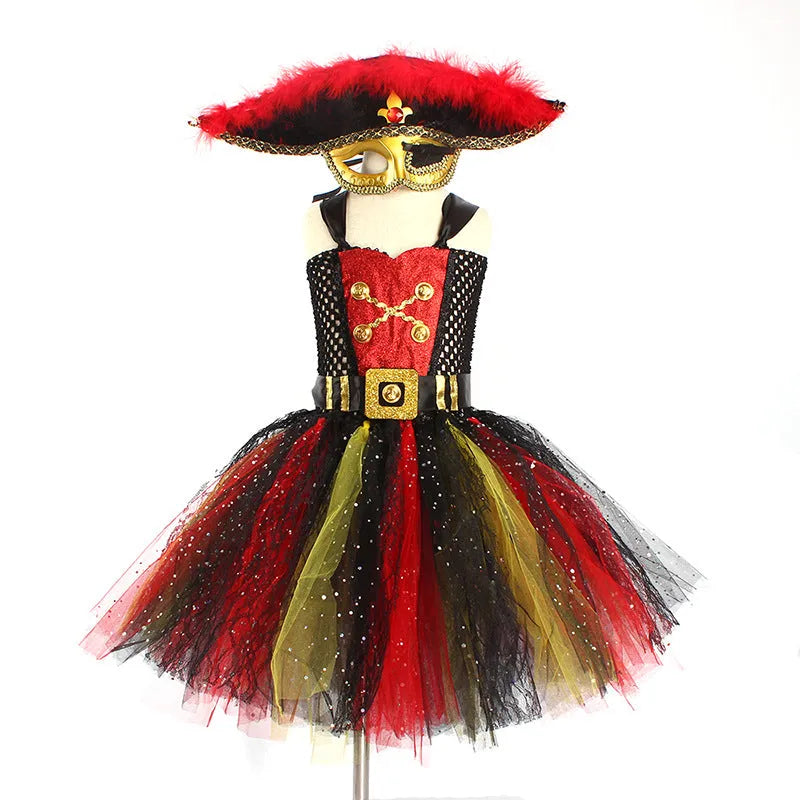 Girls sleeveless pirate costume dress with gauze mesh skirt, sequins, and lace detail