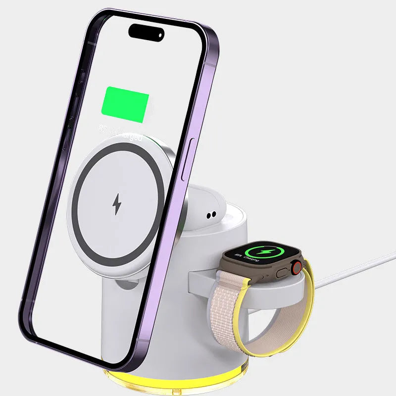 C16 folding three-in-one wireless charger in black showing phone, watch and earphones charging simultaneously