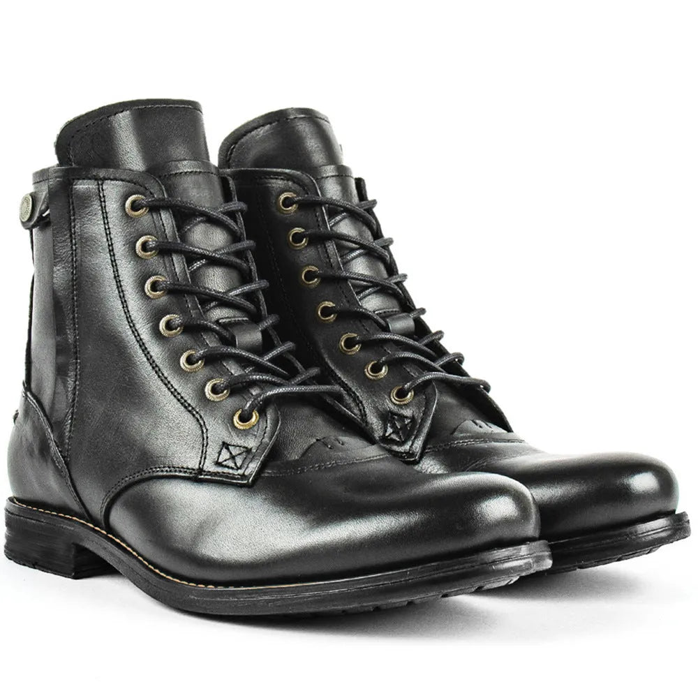 Knight Series two-tone leather boots with side zipper in black, showing low heel and beef tendon construction.