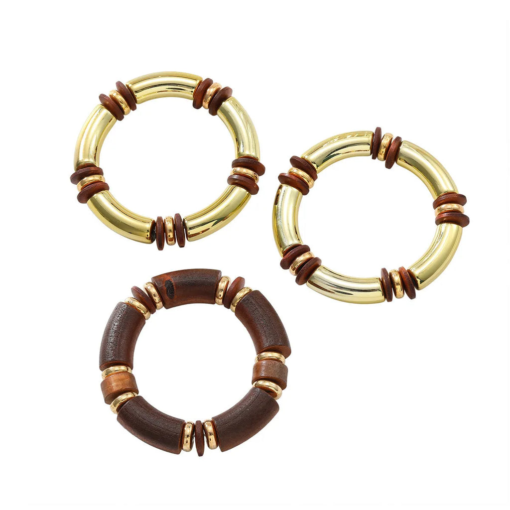 Women's multi-layer wooden necklace and bracelet set with alloy round pendant