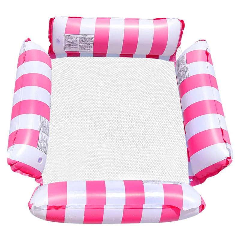 Inflatable four-tube deck chair floating on water with a striped pattern and mesh centre seat.