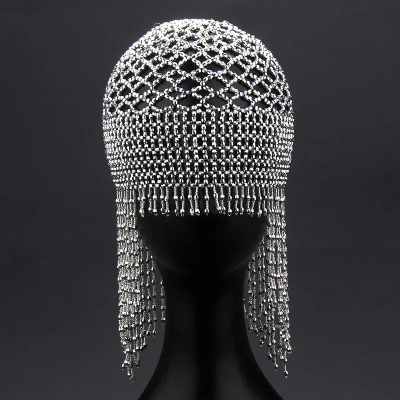 Handmade beaded belly dance hat ornament with tassels in silver or black mesh decoration