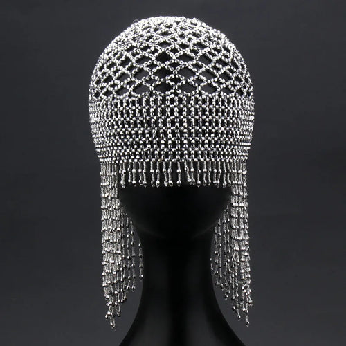 Handmade beaded belly dance hat ornament with tassels in silver or black mesh decoration