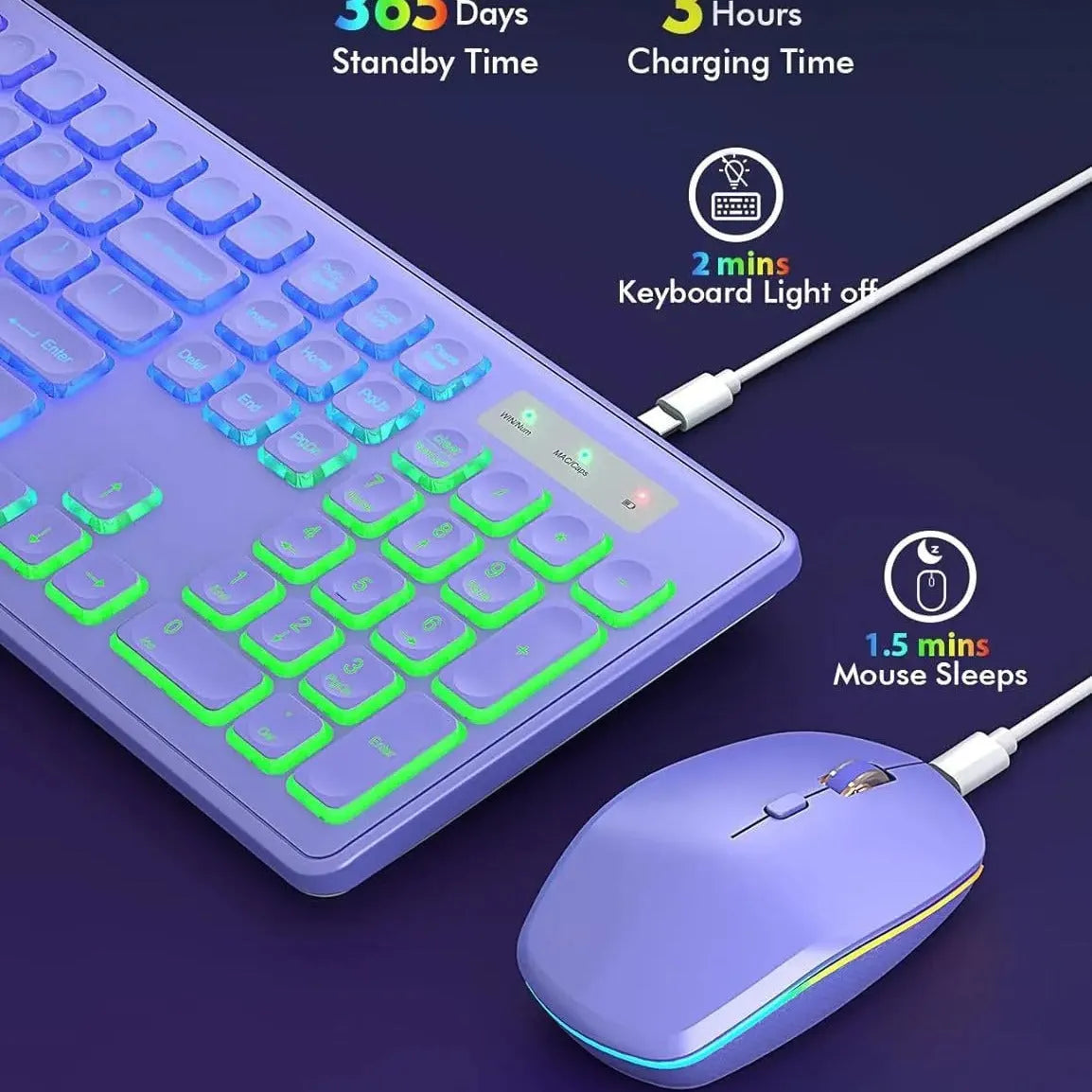 Backlit rechargeable wireless keyboard and mouse set in black, purple, or white, keyboard size 46*25*5