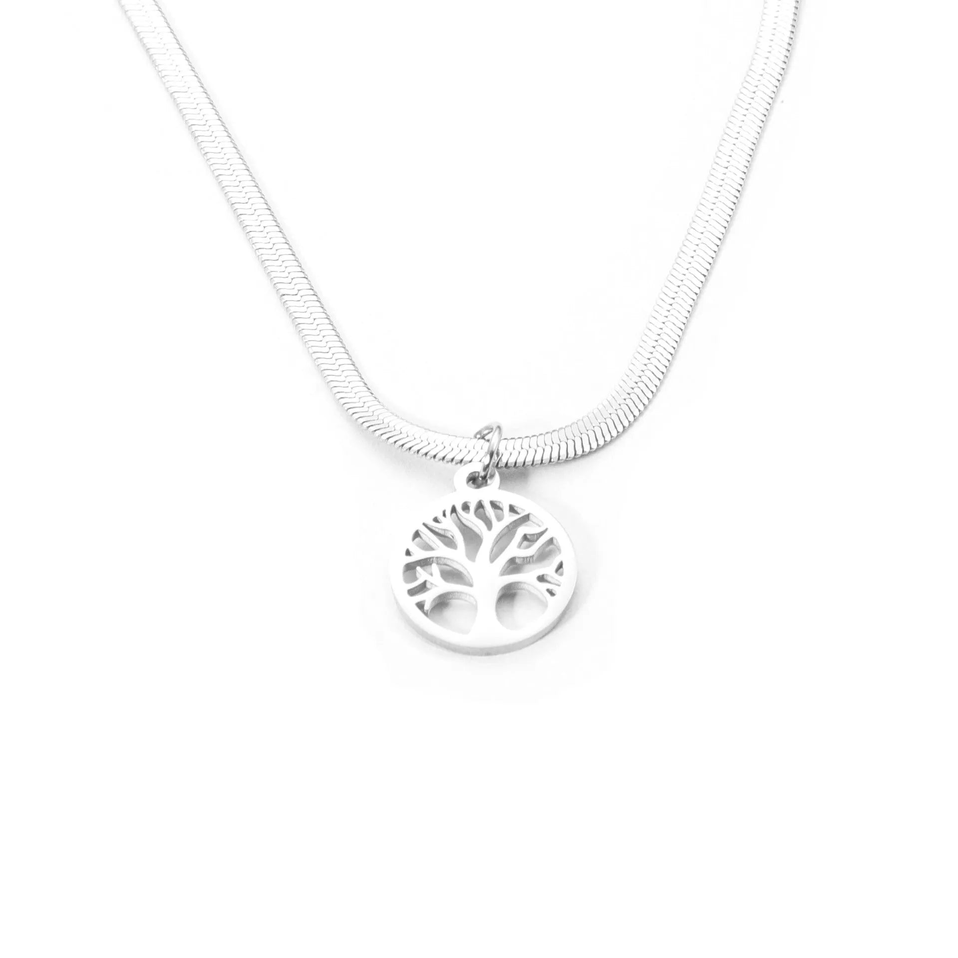 Stainless steel tree necklace with adjustable chain and U-shaped pendant in gold or steel colour