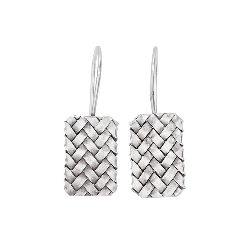 Silver geometric woven plaid earrings measuring 17.5mm by 11mm