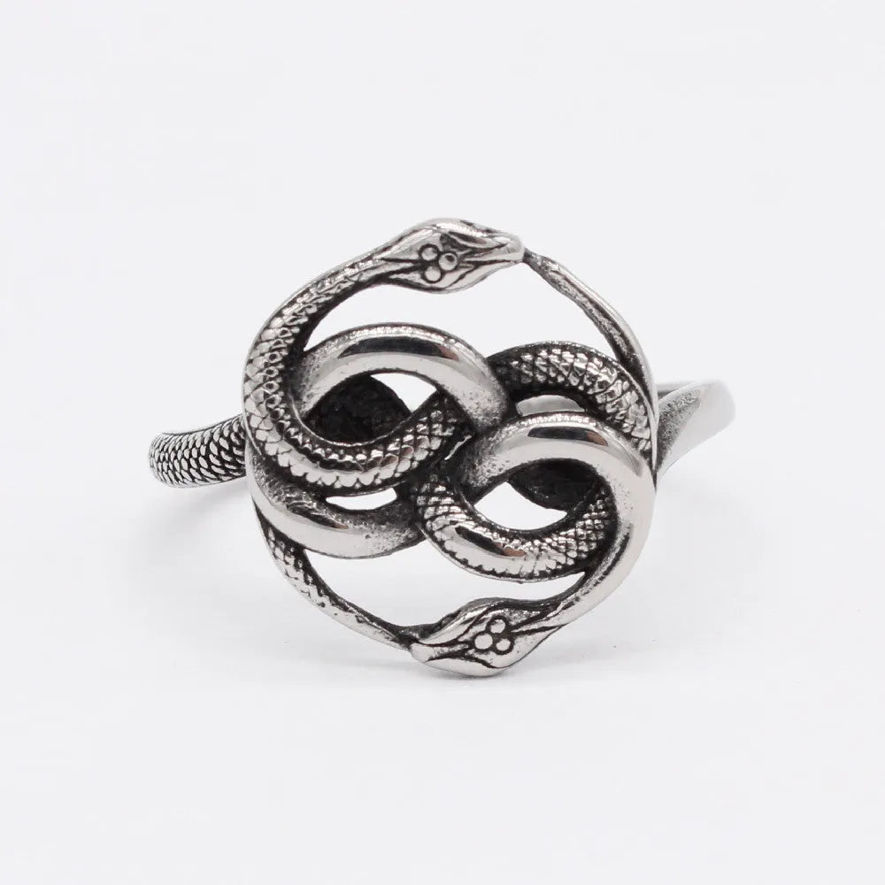 Retro double snake titanium steel ring in steel colour showing detailed snake design