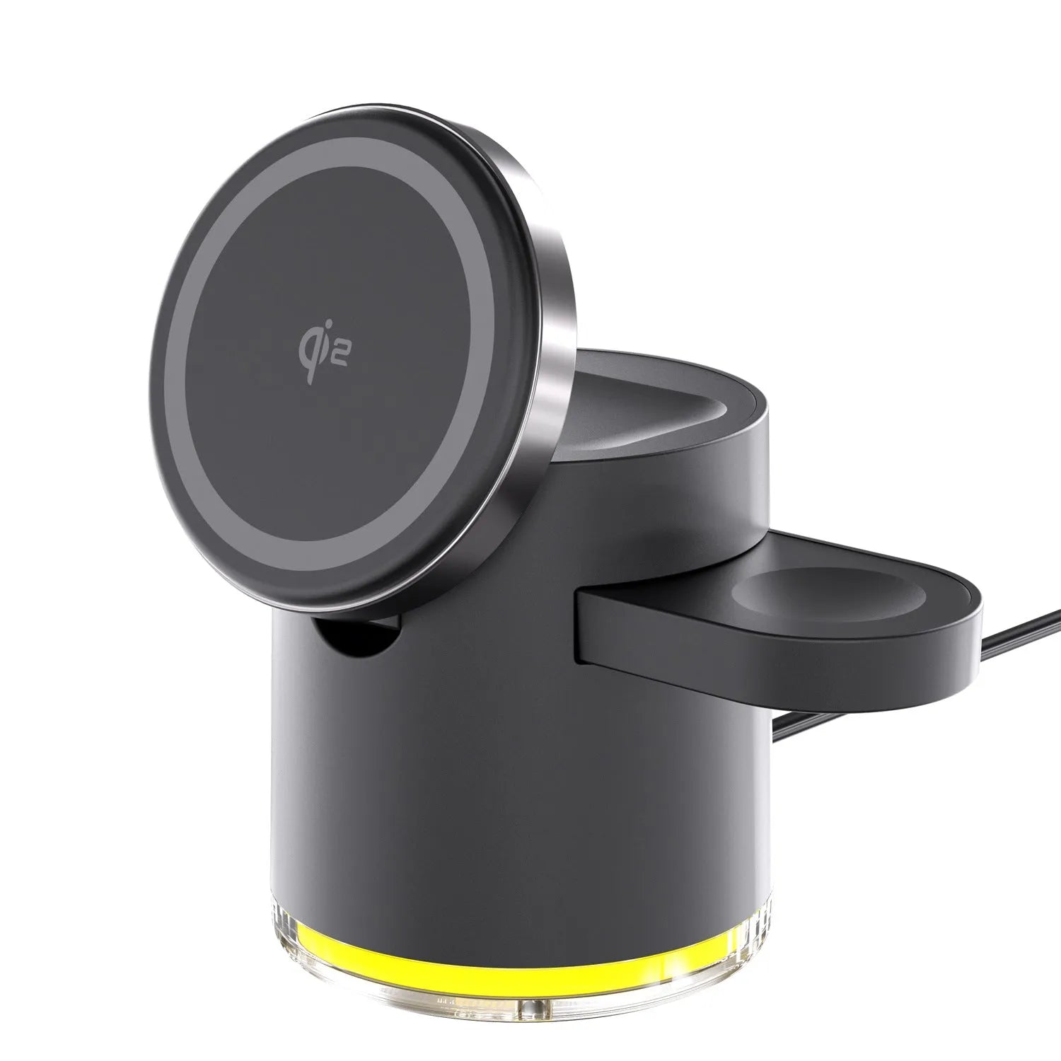 C16 folding three-in-one wireless charger in black showing phone, watch and earphones charging simultaneously
