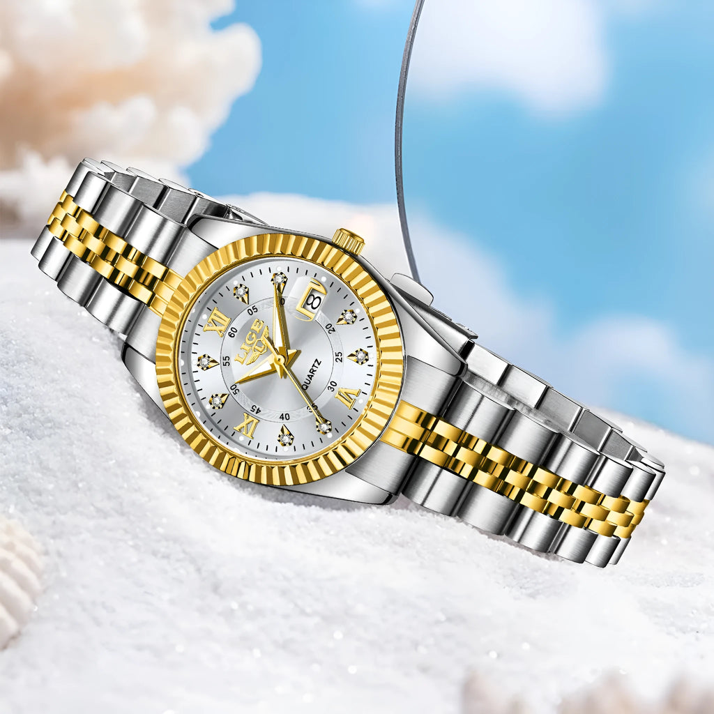 Women's waterproof quartz fashion watch in metallic gold or silver finishes with 10mm thickness