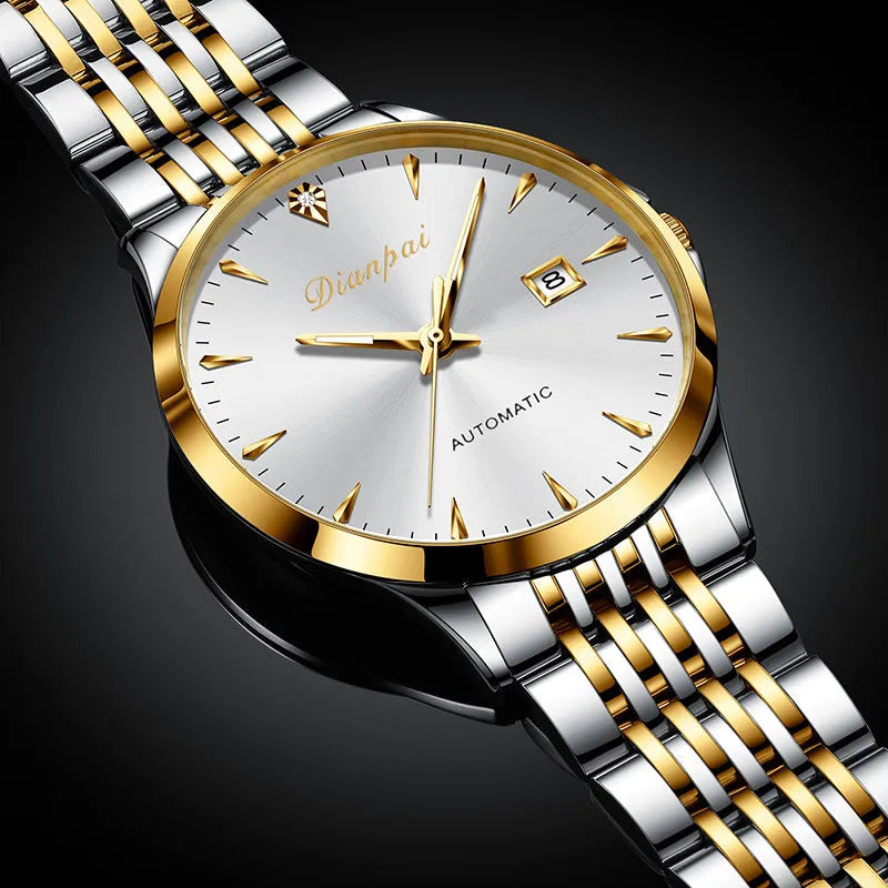 Men's automatic watch with stainless steel bracelet and simple white dial