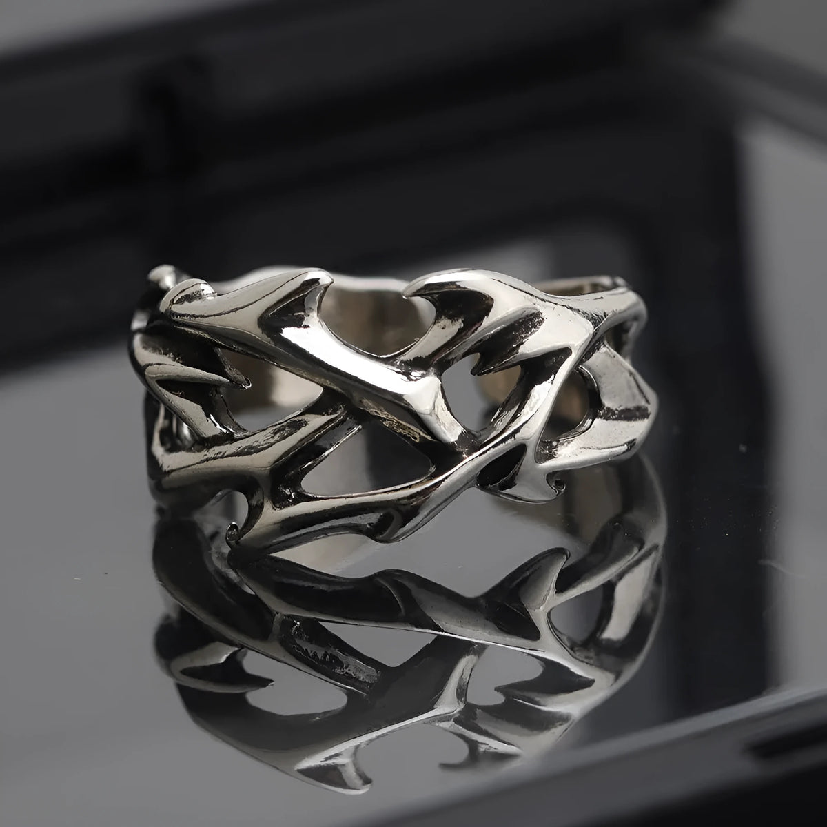 Thorn unisex adjustable copper ring with geometric flower design in J2150 thorns colour