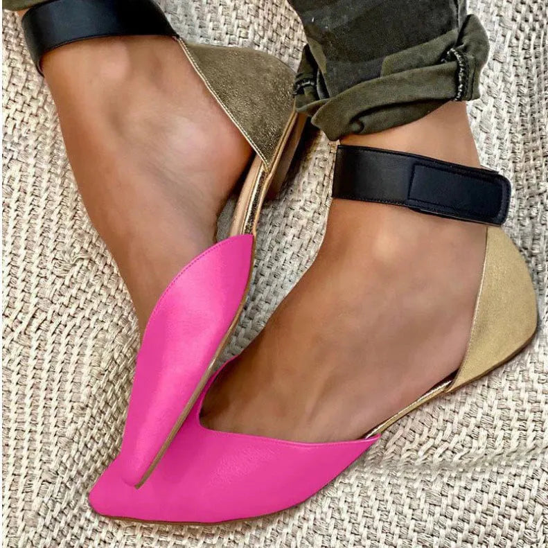 Women's beige velcro sandals with hollowed PU leather upper and flat heel