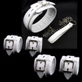 White PU sponge bondage sex toy set showing handcuffs, foot cuffs, and a neck scarf laid out.