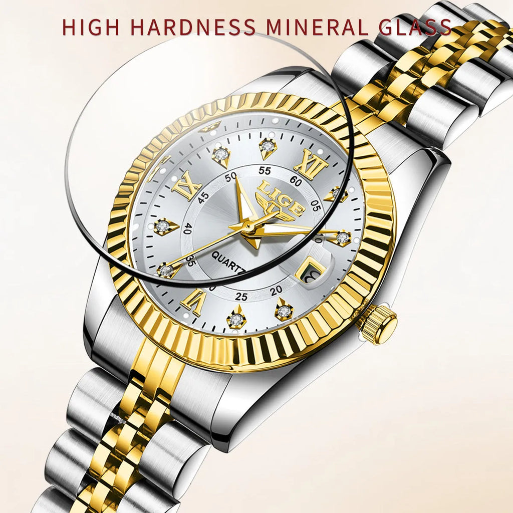 Women's waterproof quartz fashion watch in metallic gold or silver finishes with 10mm thickness