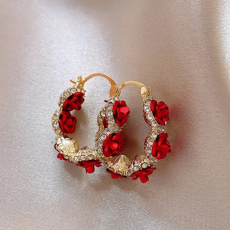 Red floral alloy clip-on earrings with rose design F155-A colour