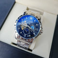 Men's silver case automatic mechanical watch with black leather strap and luminous display
