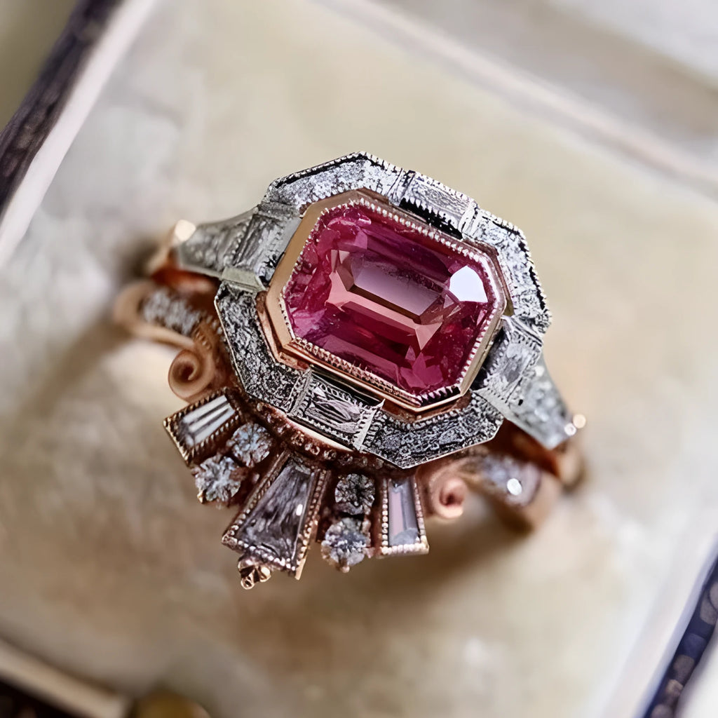 Rose gold geometric women's ring with ruby design in European American retro style