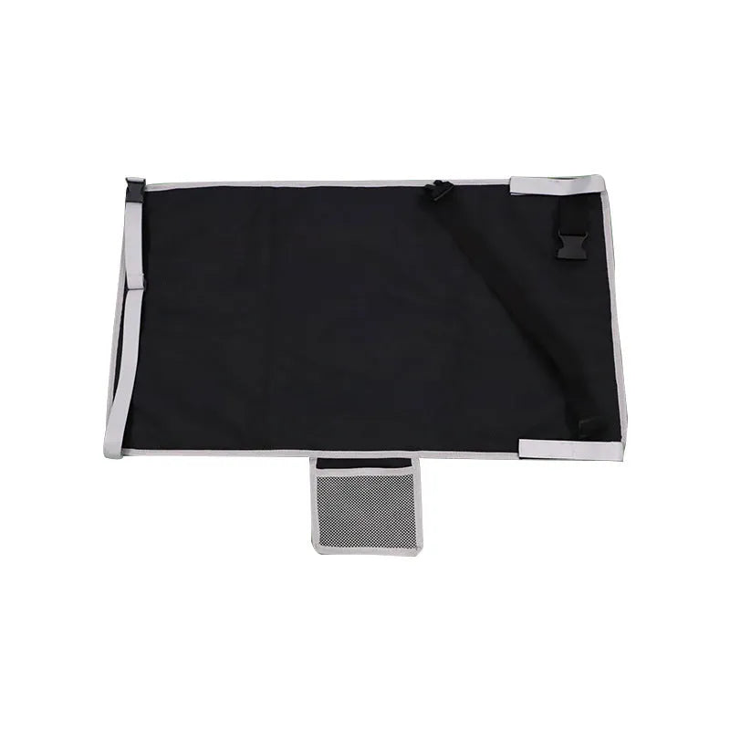 Portable blue children's aircraft seat extender with removable drawstring storage pocket folded for travel