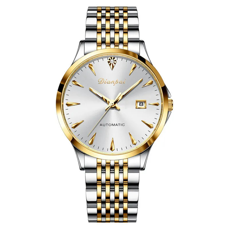 Men's automatic watch with stainless steel bracelet and simple white dial