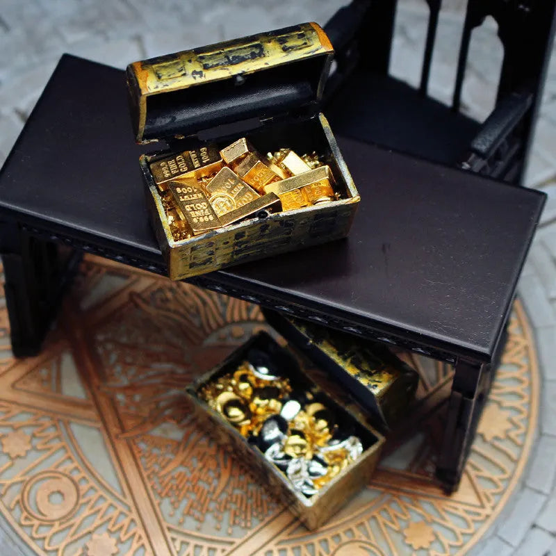 Set of metal alloy gold coin and gold bar miniature ornaments for dollhouse accessories.