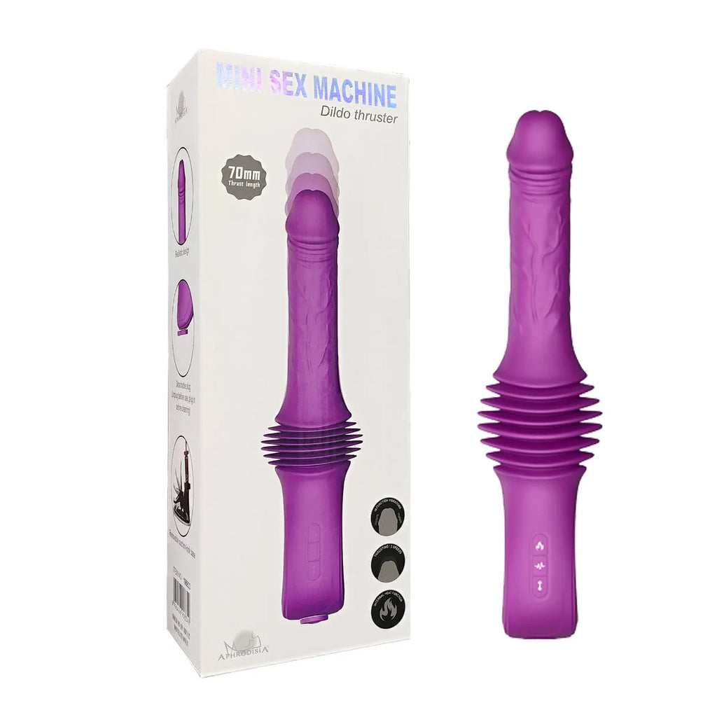 Purple silicone adult vibrator with heating, thrusting, and auto-expansion functions, static size 290x76x42mm