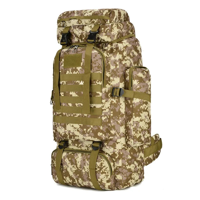 110L outdoor travel backpack with air pillow belt system in jungle camouflage colour