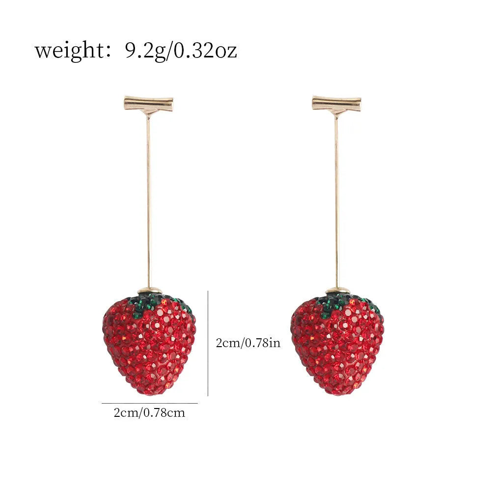 Pair of women's geometric strawberry charm earrings in zinc alloy, spot drill red finish.