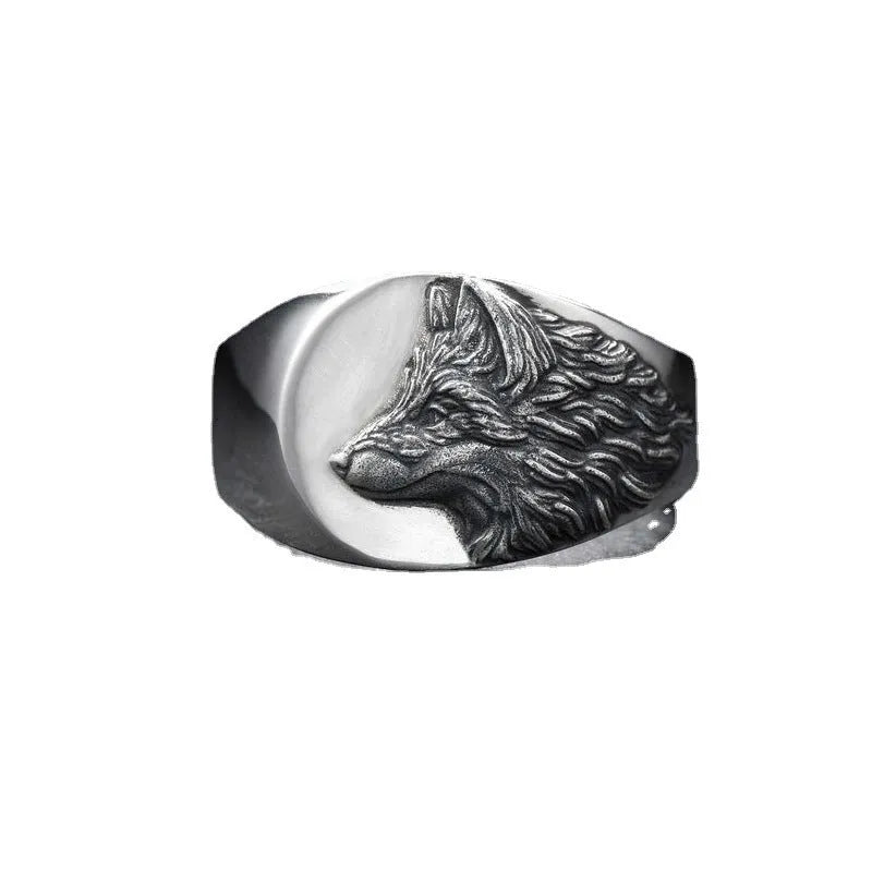 Silver geometric wolf head men's ring with retro European American style on size chart