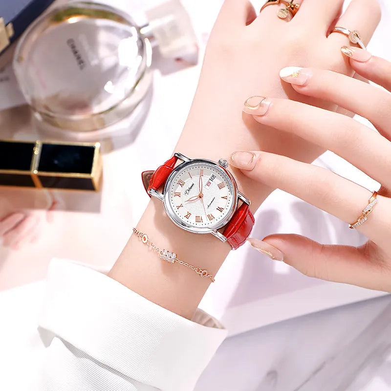 Women's automatic mechanical fashion watch with steel bracelet and white dial showing 12mm thickness