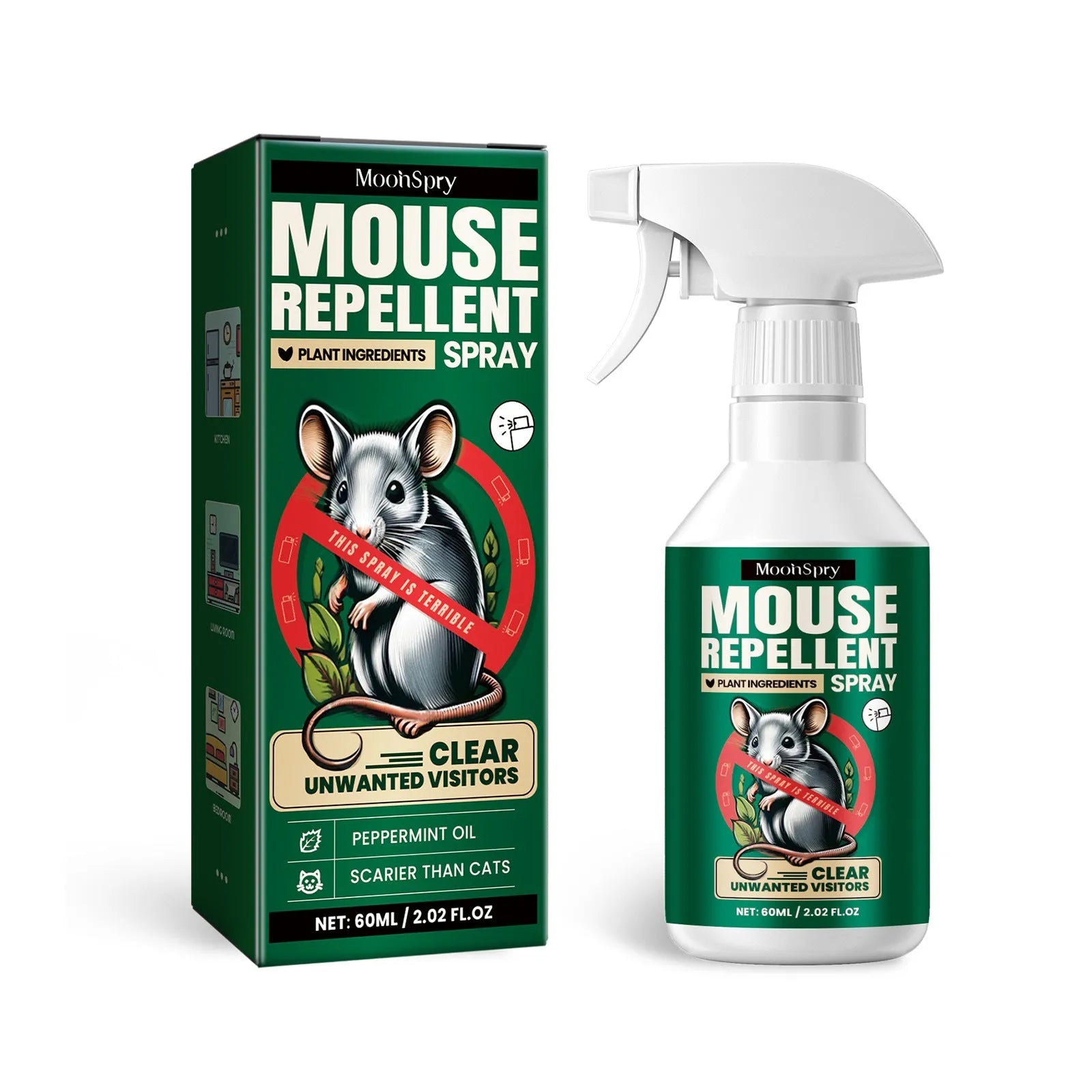 60ml bottle of natural rat repellent spray with botanical oils for car and home use.