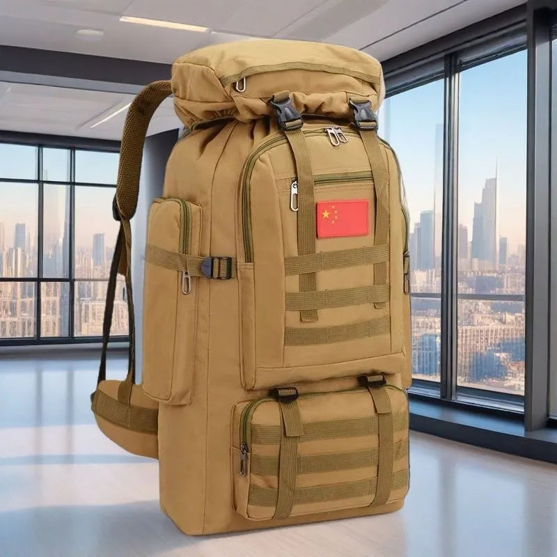110L outdoor travel backpack with air pillow belt system in jungle camouflage colour