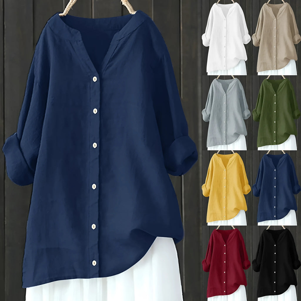 Women's cotton and linen long sleeve button shirt in loose fit, solid colour, front view