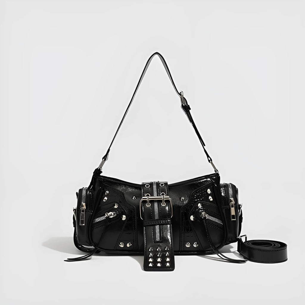 Black dumpling-shaped retro handbag with oil wax leather and multiple organisational compartments
