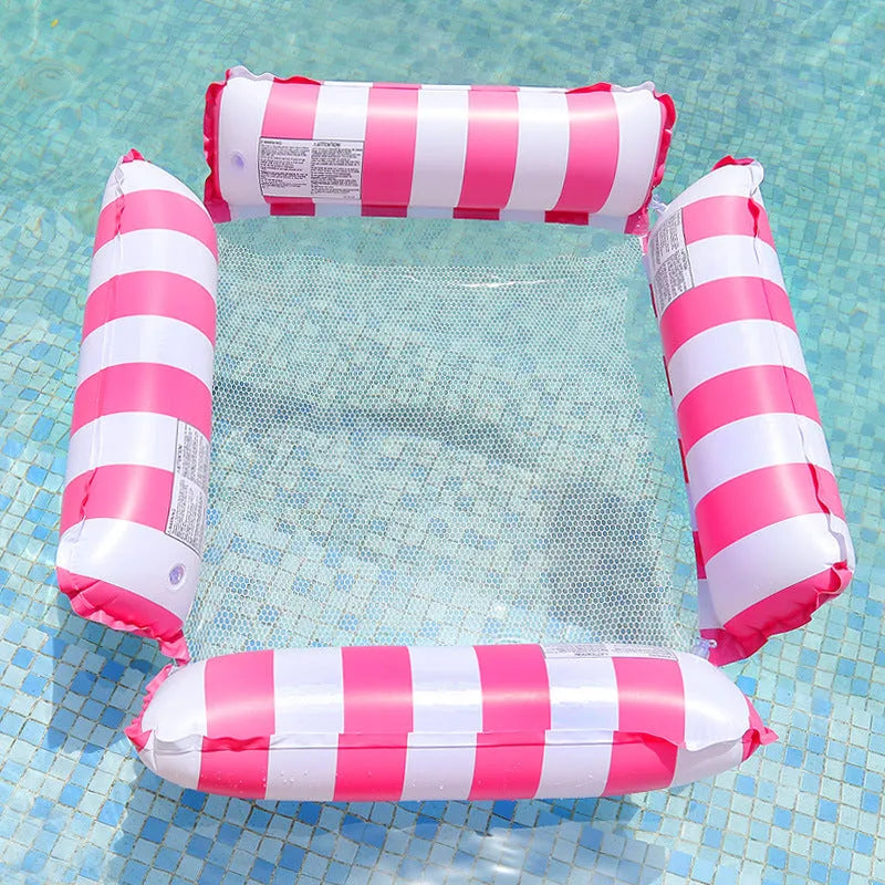 Inflatable four-tube deck chair floating on water with a striped pattern and mesh centre seat.