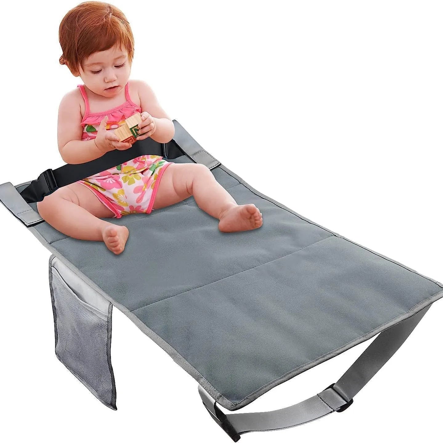 Portable blue children's aircraft seat extender with removable drawstring storage pocket folded for travel