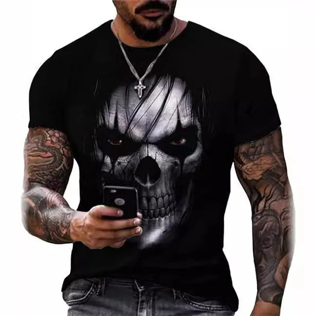 Printed men's skull head round neck T-shirt loose fit short sleeve summer top