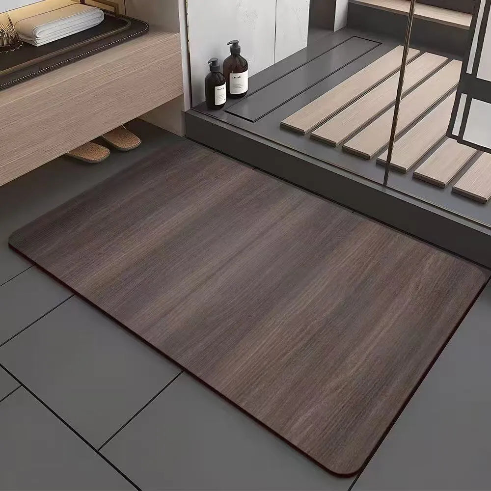 Square American-style floor mat with geometric wood grain pattern for bathroom doorway.