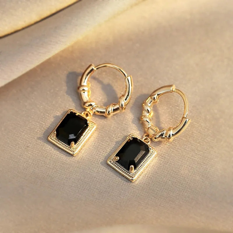 Black zircon French court earrings with geometric quadrilateral design and drop silhouette