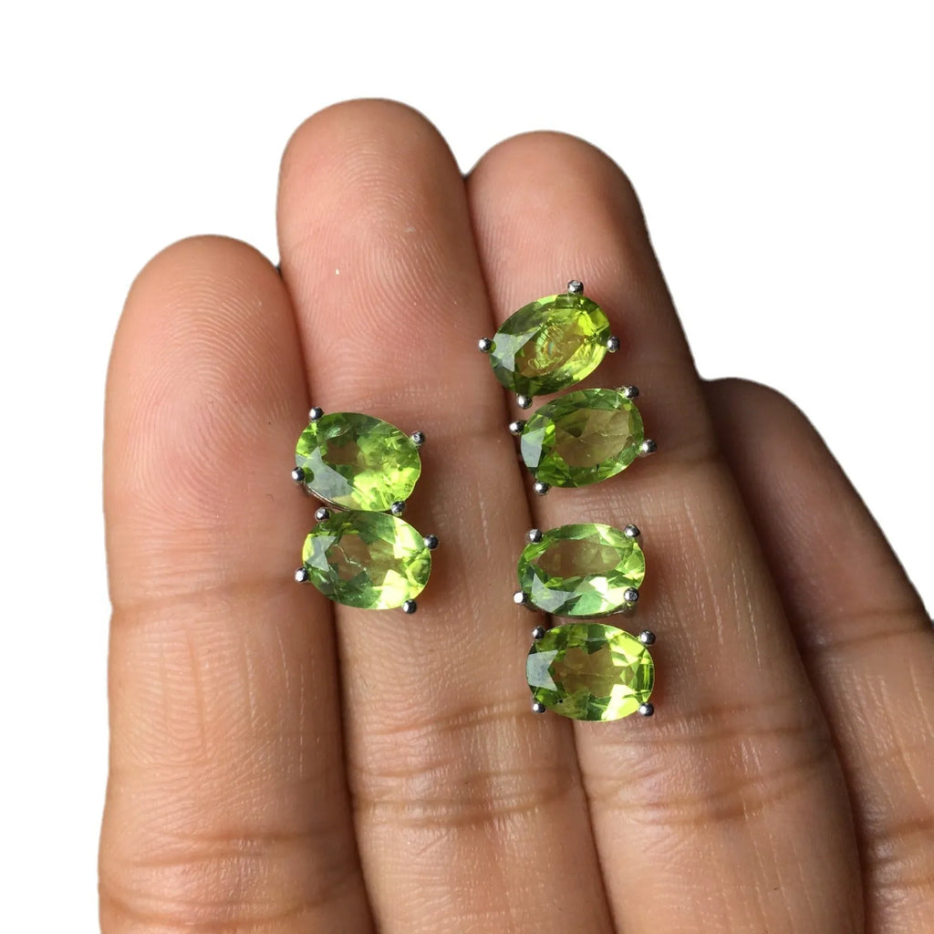 Grass green natural olivine stud earrings in S925 sterling silver with 6×8mm elliptical stones
