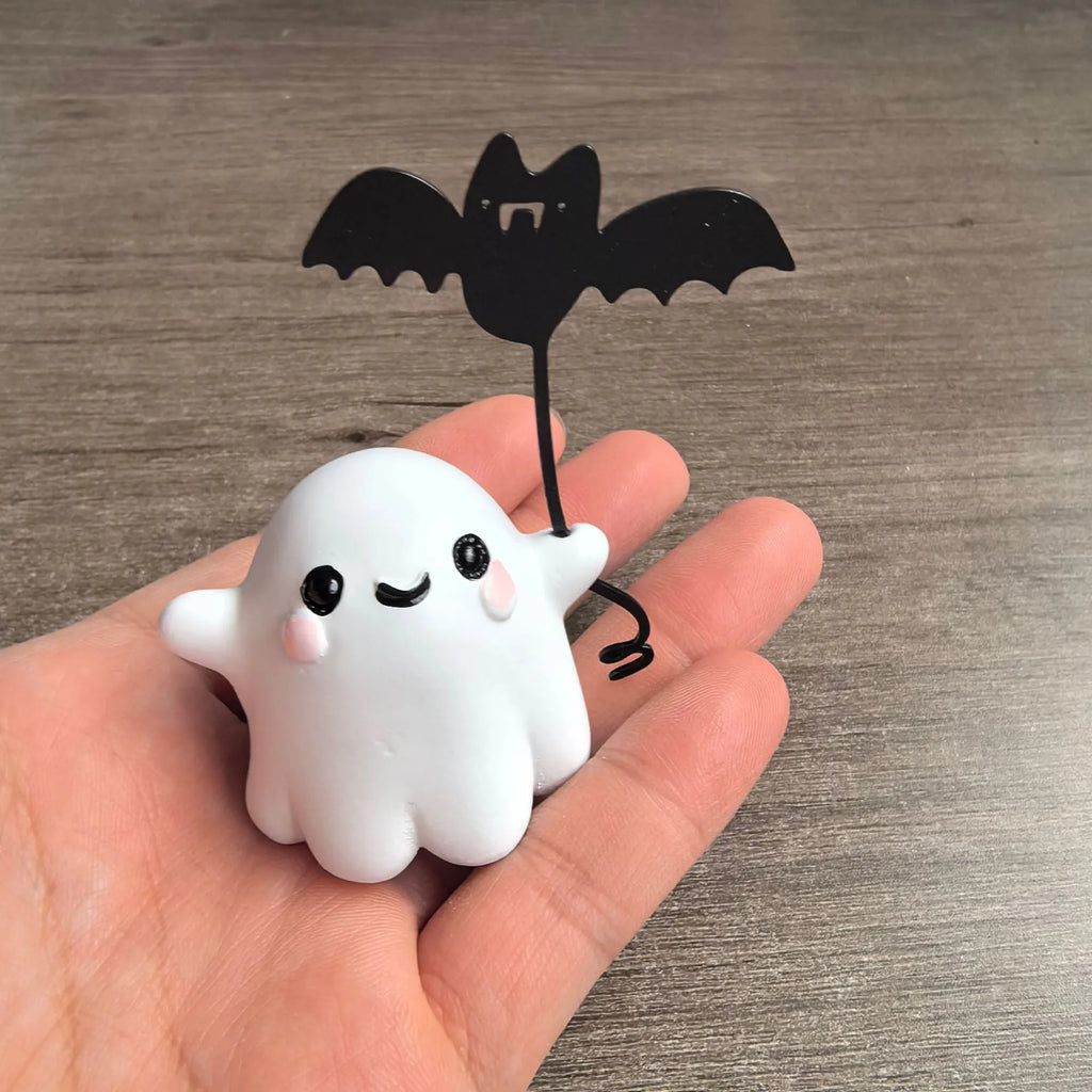 Mini resin Halloween ghost statue walking a dog and holding a bat, 4cm tall
