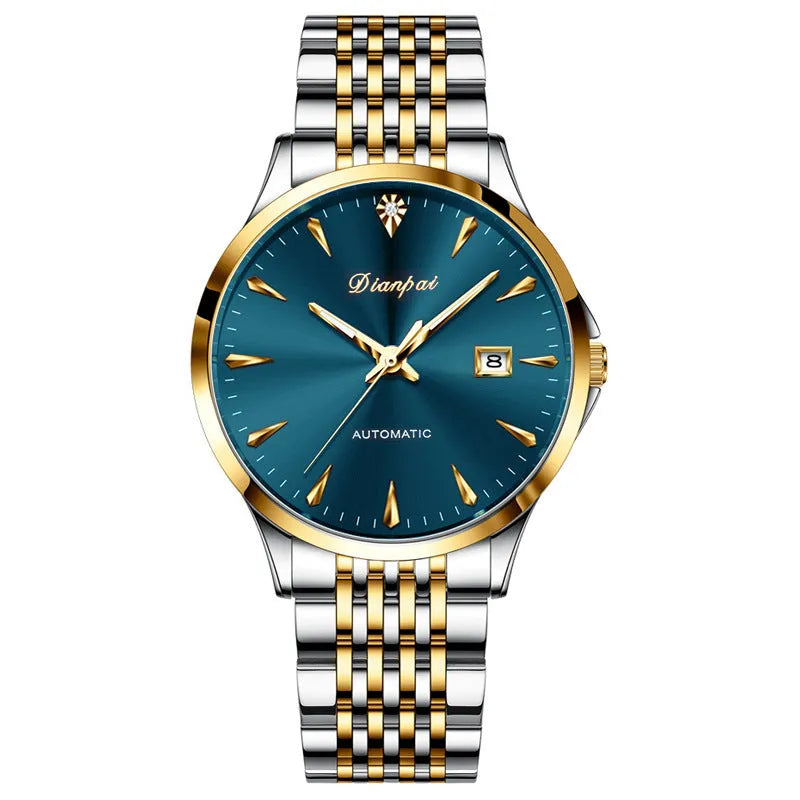 Men's automatic watch with stainless steel bracelet and simple white dial